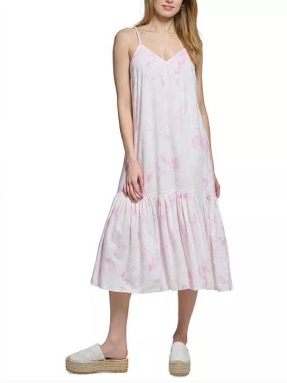 DKNY white & pink linen blend spaghetti strap maxi dress size large